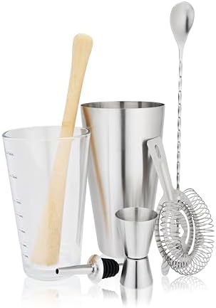 True Reserve 7-Piece Bartender Kit for Mixed Drinks and Cold Brew Cocktails, Includes Boston Shaker Tin, Mixing Glass, Jigger, Muddler, Strainer, Bar Spoon, Pour Spout, Home Bar Tools, Gift Set