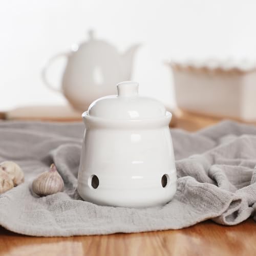 Ceramic Garlic Keeper with Lid, Mini Garlic Saver Container for Countertop, Kitchen Decor (White)