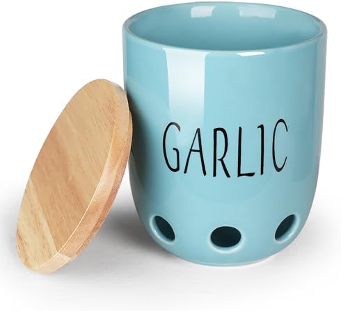 Ceramic Garlic Saver Container with Wood Lid (Turquoise)
