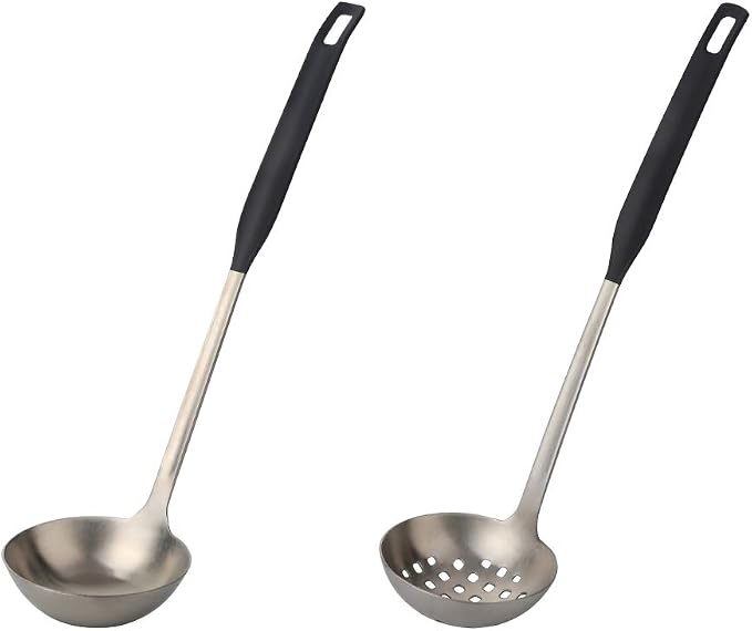 Buyer Star 2 Pcs Soup Ladle Colander, Silver Black Cookware Serving Long Handle Steel Slotted Spoon Cooking Utensil Set for Hotpot