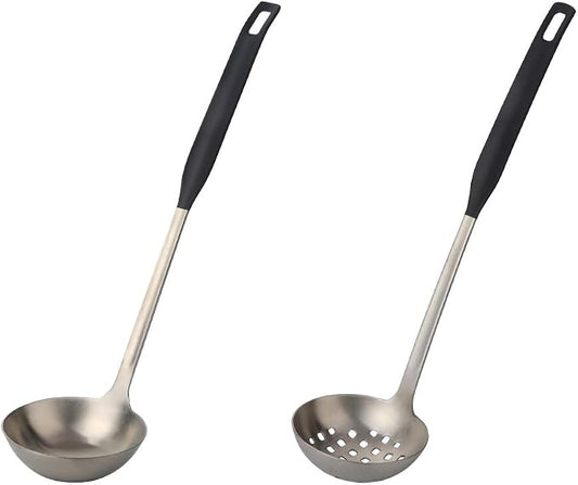 Buyer Star 2 Pcs Soup Ladle Colander, Silver Black Cookware Serving Long Handle Steel Slotted Spoon Cooking Utensil Set for Hotpot