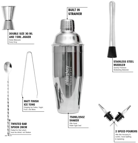 Interplay Concepts Cocktail Shaker Set, 8Pcs Stainless Steel Barware-Tool, Includes Jigger, Bar Spoon, Bottle Pourers, Tong, Strainer, 750ml Boston Shaker