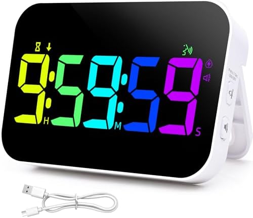 TXL Kitchen Timer for Cooking, Rechargeable Digital Magnetic Timer with Large LED Display, Loud Alarm, Sound Countdown, 4 Volume Levels and 3 Brightness for Classroom, Study (RGB)