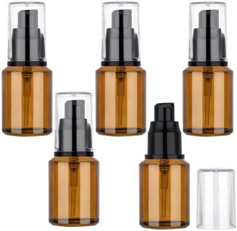 Segbeauty 1oz Refillable Lotion Bottle with Pump, Pack of 5 Frosted Travel Glass Bottles Creams Lotion Containers Foundation Bottle for Travel Size, 30ml Makeup Pump Dispenser for Toiletries Amber