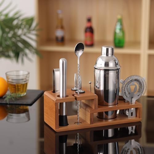 14PC Bartender Kit - Silver Cocktail Shaker Set - All Barware Essentials for Drink Mixing Includes Stand, Martini Shaker, Jigger, Strainer, Mixer Spoon, Muddler, Liquor Pourers, Touch of Mixology