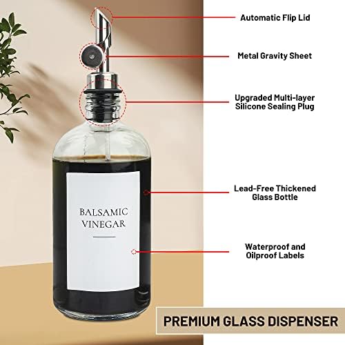 3PCS Oil Dispensers with Labels 16.23oz Kitchen Cooking Glass Bottles Containers with 304 Stainless Steel Automatic Pump Heads Anti-Corrosion & Rustproof