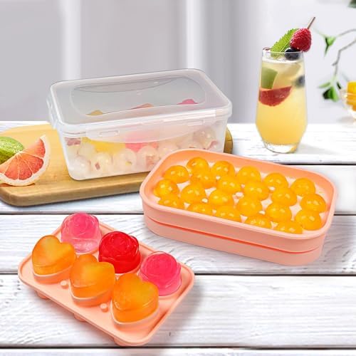 Silicone Ice Molds Fun Shapes Set, Heart Rose Ice Cube Mold, Small Round Ice Cube Tray, Makes 22 Sphere & 3 Heart 3 Rose Shape Ice Balls for Chilling Whiskey Cocktails, 2 Ice Trays with Bin Scoop Tong