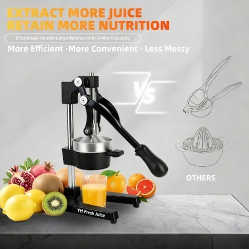 Ultra-Premium Cast Iron Juicer | Extra-Large, Heavy Duty, Commercial Grade, Stainless Steel Manual Hand Press Citrus Squeezer For Fresh Orange Juice, Pomegranate, Lemon, and Much More (Black)