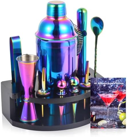 Safring Bartender Kit with Stand, 12-Piece Bar Set | 24oz Cocktail Shaker Set for Drink Mixing, Martini Shaker Set with Bar Tools, Recipes Booklet | Fun Housewarming Gift (Rainbow)
