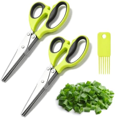 Multipurpose 5 Blade Herb Scissors,2026 Kitchen Herb Shears Herb Cutter with Cover and Cleaning Comb for Chopping Basil Chive Parsley，Green-2pc