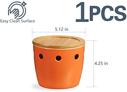 ONEMORE Large Garlic Keeper with Lid, Ceramic Garlic Saver 5 inch, Garlic Keeper for Counter, Orange