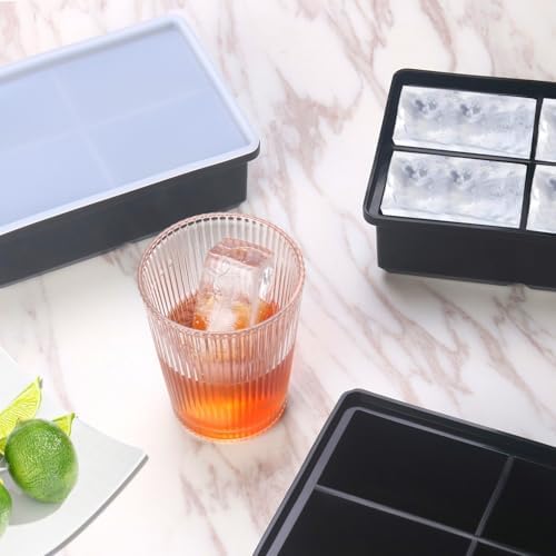 Large Ice Cube Trays for Whiskey: BECOKIT Big Silicone Ice Cube Trays - 3 * 2Inch Square Ice Cubed Tray for Bourbon Whisky and Cocktail - 2Pack Giant Silicon Ice Cube Tray (Black 2 Tray)