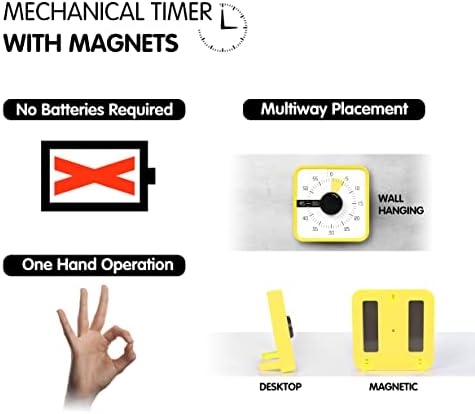 TWENTY5 SEVEN Countdown Timer 7.5 inch; 60 Minute 1 Hour Visual Timer – Classroom Teaching Tool Office Meeting, Mechanical Countdown Clock for Kids Exam Time Management Magnetic, Yellow