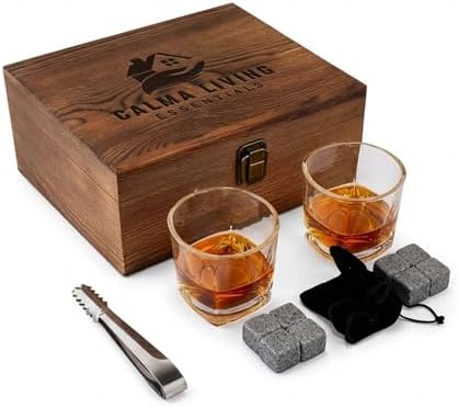 Whiskey Stones Gift Set with 10oz Lead-Free Crystal Whiskey Glass, Reusable Chilling Stones, Velvet Bag & Stainless Steel Tongs – Luxury Wooden Box Gift for Men