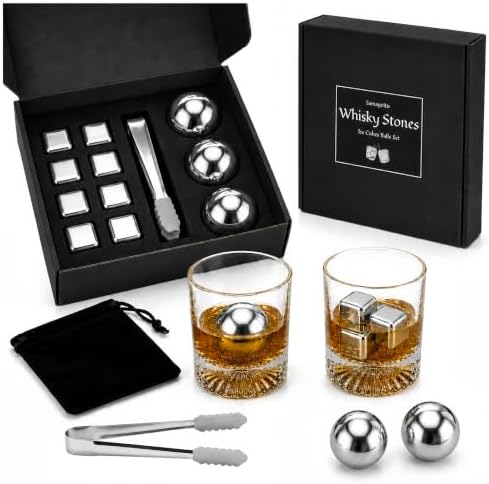 13-Piece Stainless Steel Whiskey Stones Set, 3 Cooling Balls and 8 Cooling Cubes with Tongs and Velvet Pouch (Black Gift Box)