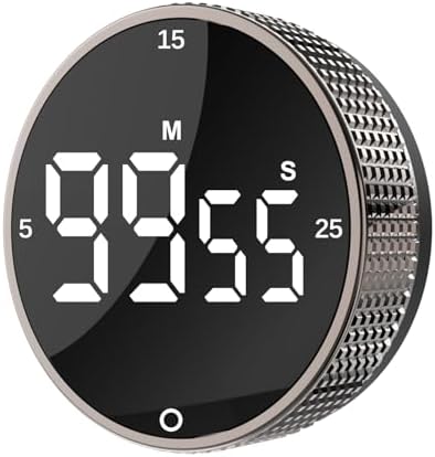 Digital Kitchen Timer - Magnetic Countdown Count Up Clock with Large LED Display, 5/15/25 Min Presets, 3 Volume Levels, Rotary Dial for Cooking, Productivity, Classroom, Fitness (1, Tarnish)