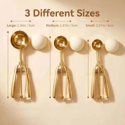 Gold Ice cream spoon,3Pcs Cookie Scoop Set,Stainless steel ice cream scoop with trigger release,Tablespoons,dough scoop,3 Sizes (S/M/L)
