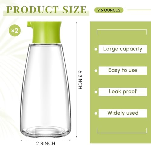 2 Pcs Glass Soy Sauce Dispenser Bottles, 9.6 oz Oil Cruet, Green