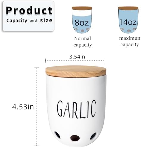 Ceramic Garlic Saver Container with Wood Lid (White)