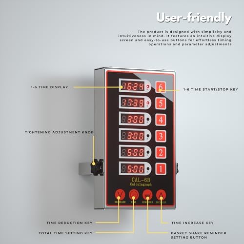 Commercial Kitchen Timer with 6 Channels, Professional LED Digital Timer for Cooking, Loud Alarm Volume +/-, Heavy Duty Stainless Steel Large Timers with Waterproof Panel & Memory Function