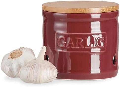 ONEMORE Garlic Keeper with Lid, Ceramic Garlic Saver 4 inch, Dark Red