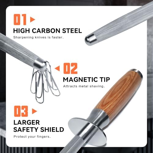 Honing Rod 10'', German High Carbon Steel Knife Sharpener Rod with Premium Gift Box, Professional Fine Sharpening Stone Kitchen Knife Whetstone with Natural Wood Handle, 10 inch