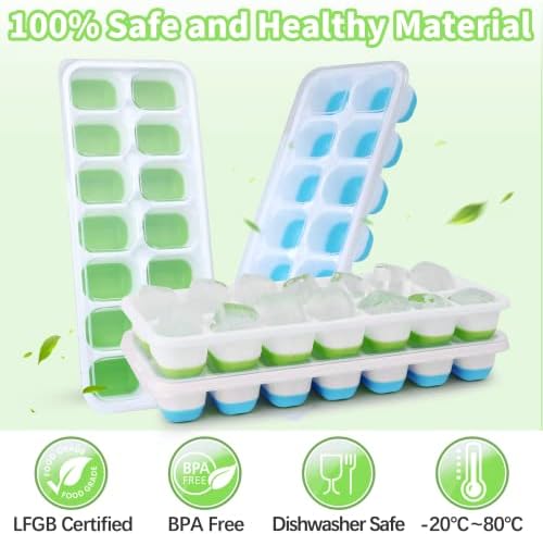 Ice Cube Trays for Freezer, Furnsii 4 Pack Stackable Ice Cube Tray With Lid, Easy-Release Flexible 56-Cube Silicone Ice Trays for Cocktail, Coffee (Green + Blue)