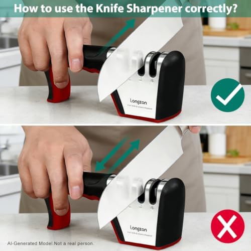 Longzon 5-in-1 Knife Sharpener 4 Stage with Cut-Resistant Glove, Black+Red