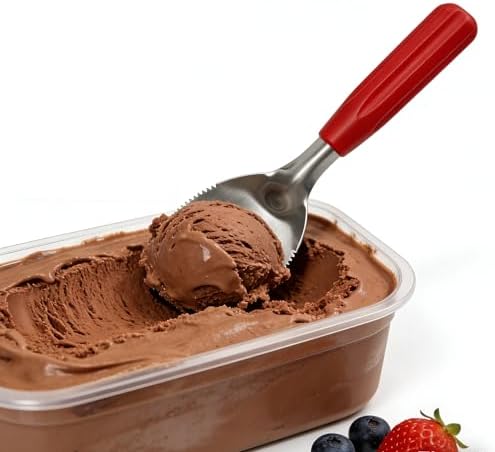 Heavy Duty Flat Ice Cream Scoop Spade with Serrated Edge for Rock Hard Frozen Treats, Stainless Steel with Good Grip Red Handle