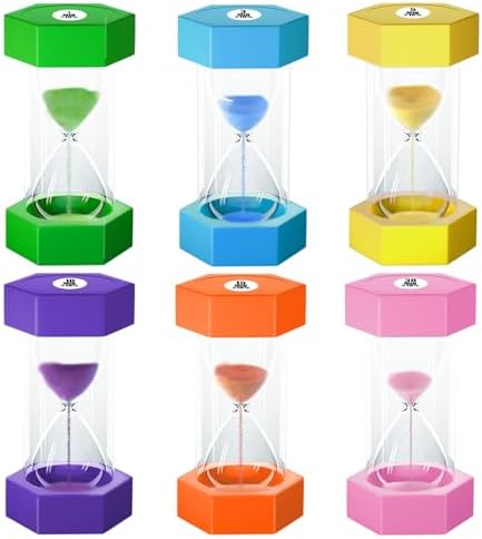 Hourglass Sand Timer for Kids, 1/3/5/10/15/30 Minutes Large Acrylic Unbreakable Visual Sand Clock Set, Colorful Sandglass for Classroom, Games, Office, Kitchen Decor (Pack of 6)
