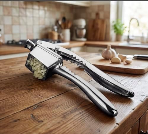 4-in-1 Stainless Steel Finish Garlic Press, Crusher, Mincer, Nut Cracker, Herb Plucker, Bottle Opener, Zinc Alloy Kitchen Tool