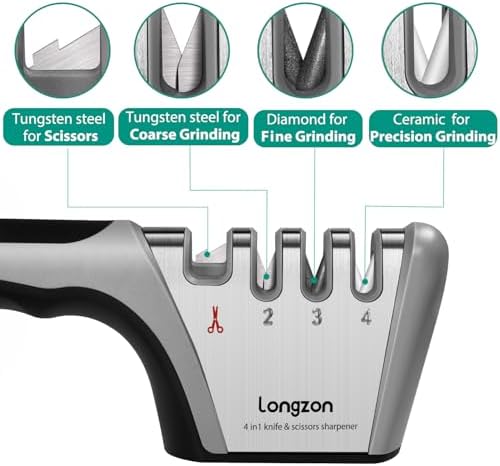 Longzon 5-in-1 Knife Sharpener 4 Stage with Cut-Resistant Glove, Quickly Sharpens & Restores Dull Blades, Easy & Safe for Home Manual Kitchen Use, Fits Most Knives and Scissors, Black+Silver