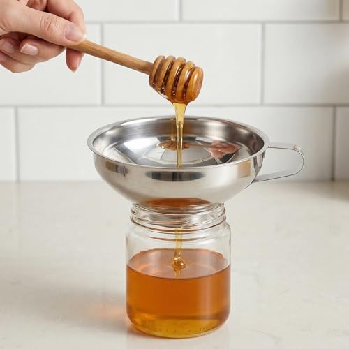 Kenaoeoe 4 PCS Stainless Steel Canning Funnel and Can Strainer Set Wide and Regular Mouth Kitchen Funnels with Fine Mesh Strainers for Kitchen Use