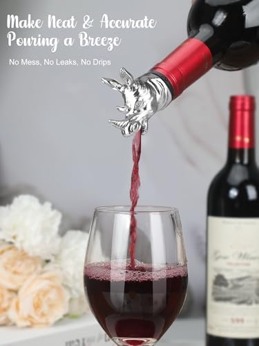 Rhino Wine Pourer, Metal Animal Wine Bottle Pourer Spout with Stopper, No-Drip Liquor Pour Spout for Wine, Whiskey, Spirits, Decorative Rhinoceros Bottle Topper Bar Accessory, Gift for Men