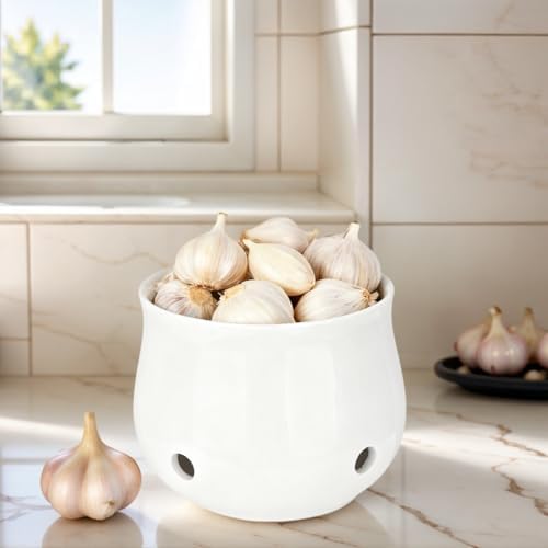 Ceramic Garlic Keeper with Lid - 12oz/350ml Ventilated Garlic Storage Container, White Kitchen Organizer for Fresh Garlic, Spice, Herb Preservation