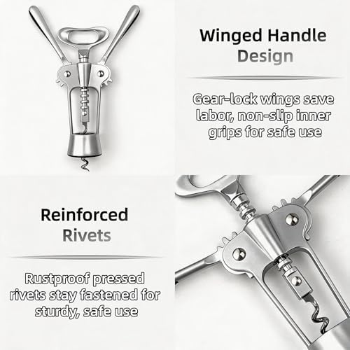 Premium Zinc Alloy Wing Corkscrew Set, Multifunctional Bar Tool with High-Carbon Steel Auger, Labor-Saving Lever Opener with Wine Pourer & Fresh-Keeping Bottle Stopper (Shiny Silver - 2set)