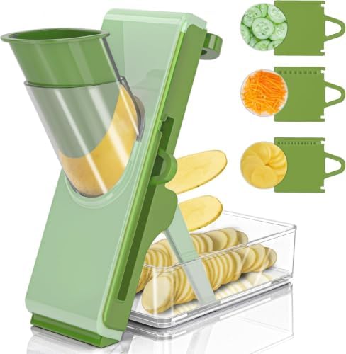 Safe Mandoline Slicer for Kitchen, Vegetable Slicer with Container, French Fry Cutter, All in 1 Julienne Slicer for Potato, Thickness Adjustable, Detachable Blade (Green)