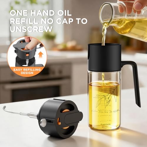 PLAPITATE 2Pcs 17oz Premium Olive Oil Sprayer for Cooking, 2 in 1 Glass Olive Oil Dispenser Bottle for Kitchen Gadgets, Spray Bottle with Portion Control for Salad, Frying, BBQ (Black & Lime Yellow)