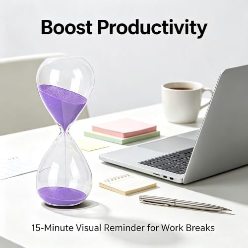 Hourglass, HoveBeaty Purple Sand Timer, 15 Minute Hand-Blown Glass