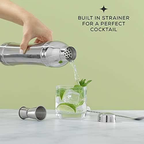 JoyJolt 3pc Slim Cocktail Shaker Set. 24 oz Margarita Martini Shaker Drink Mixer & Cocktail Strainer Lid, Double Jigger, Long Bar Spoon. Mixology Bartender Kit Shakers, Bar Tools for Home Bartending