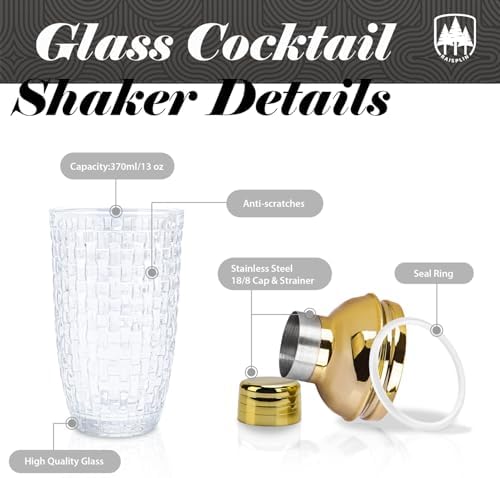 Glass Cocktail Shaker Set with Built-in Strainer - 13 ounces Martini & Margarita Mixer Bartender Tools for Whiskey, Coffee, Beverages, Durable Crystal clear Shaker Cup for Home Bar, Party & Gifts