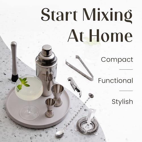 Mixology & Craft Rustic Cocktail Shaker Set – Includes Wood Stand, Complete Barware Kit with 24 Oz Shaker, Dual Jiggers, Pourers, Muddler, Strainer – Perfect for Home Bartenders (Silver)