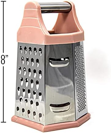 Beille 6 Side Stainless Steel Grater Top Handle Zester Slicer 7.75 Inch, Pink