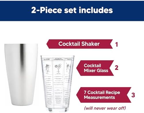 HIC Kitchen Bar Boston Cocktail Shaker and Mixer Glass Set with 7 Printed Recipes, 18/8 Stainless Steel and Borosilicate Glass