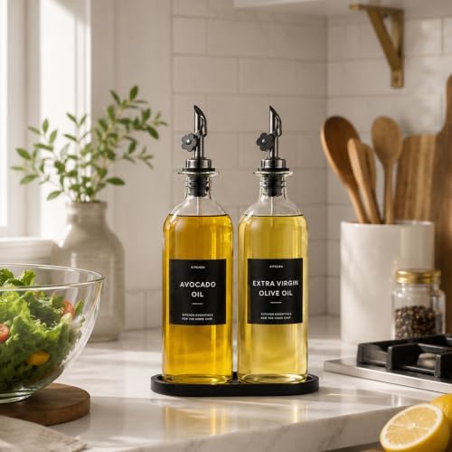 Olive Oil Dispenser for Kitchen, 2-Pack 16oz Glass Bottle with Labels