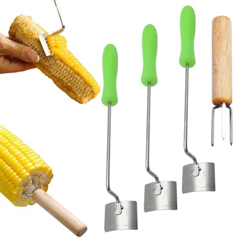 Easy Clean Corn Cob Peeler, 2025 New Corn On The Cob Stripper Tool with Long Handle, Stainless Steel Corn Cutter for Corn Cob With Corn Holder (Green-3 pcs)