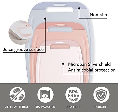 Neoflam Microban Protection Cutting Board 3 Piece Set, Stain & Odor/BPA Free, Reversable Board, Upgraded Larger Juice Groove, Non-Slip EZ Grip Handle, Dishwasher Safe, Pastel