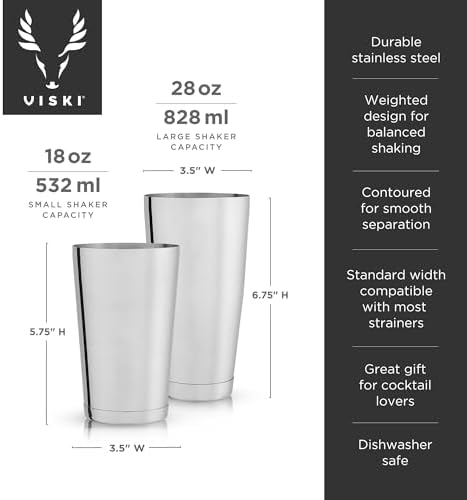 Viski Stainless Steel Shaker Tins for Cold Brew Cocktails, Margarita, Whiskey Sour, Espresso Martini Shaker, Home Bar Accessories, Bartending Tools, Bartender Gifts, 28 oz & 18 oz, Set of 2