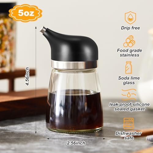 2 Pcs Cruet Dispenser Set 5 oz, White and Black Glass Soy Sauce Dispenser, Small Olive Oil and Vinegar Bottles, Soy Sauce Bottle, Non Drip Spout Cruet Bottle for Kitchen Cooking
