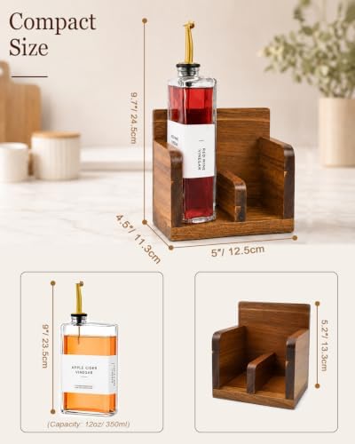 Glass Oil and Vinegar Dispenser Set with Acacia Wood Stand, 2 Pack 12 oz